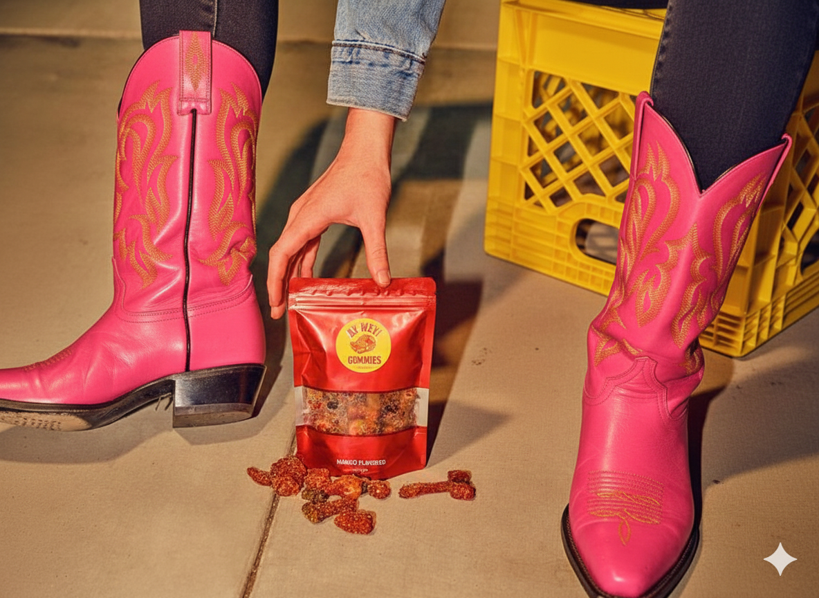 Pink boots with a package of chili gummies